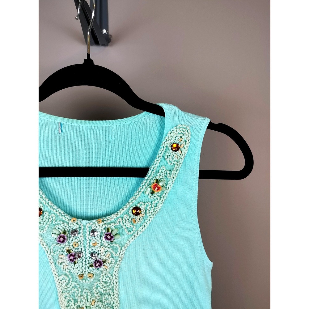 Vintage Silk Blend Crochet Embroidered Beaded Ribbed Knit Tank Top Womens Aqua - Picture 4 of 9